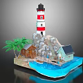 Cartoon Scene With Lighthouse Small Houses Palm Tree Rocks And Water Area