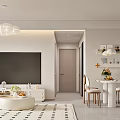 Light Toned Living Dining Room Interior With White Sofa Round Coffee Table And Decorative Paintings