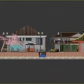 Cartoon Japanese Traditional Scene With Houses Stream Bridge Cherry Blossom Tree And Red Pavilion