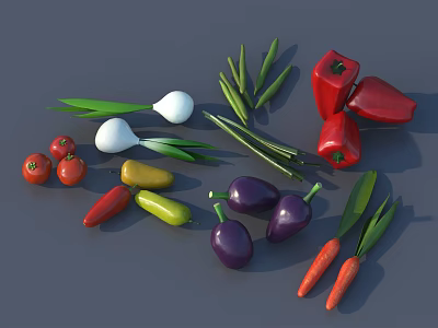 Fresh Colorful Vegetables Display Featuring Tomatoes Onions Bell Peppers Carrots And Green Beans 3d model