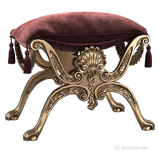 Burgundy Velvet Ottoman With Gold Carved Metal Legs And Tassel Decorations 3d model 