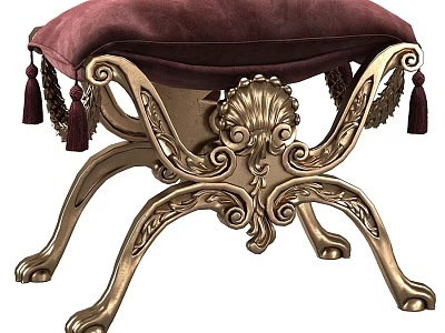 Burgundy Velvet Ottoman With Gold Carved Metal Legs And Tassel Decorations 3d model