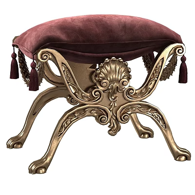 Burgundy Velvet Ottoman With Gold Carved Metal Legs And Tassel Decorations 3d model