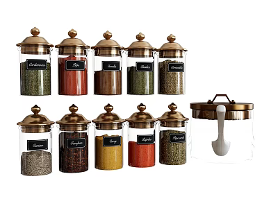 Glass Spice Jar Set With Brass Lids Labels And Scoop For Kitchen Storage 3d model
