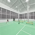 Indoor Badminton Court With Green Floor And People Playing For Fitness Activity