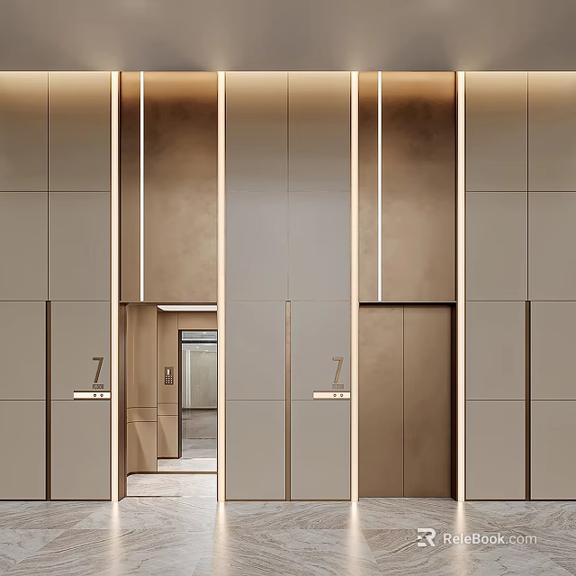Modern Elevator Interior Design With Warm Tones And Metal Details 3d model 