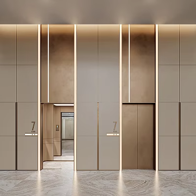 Modern Elevator Interior Design With Warm Tones And Metal Details 3d model