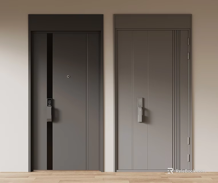 Modern Swing Doors In Gray Finish With Contemporary Design And Metal Handles 3d model 