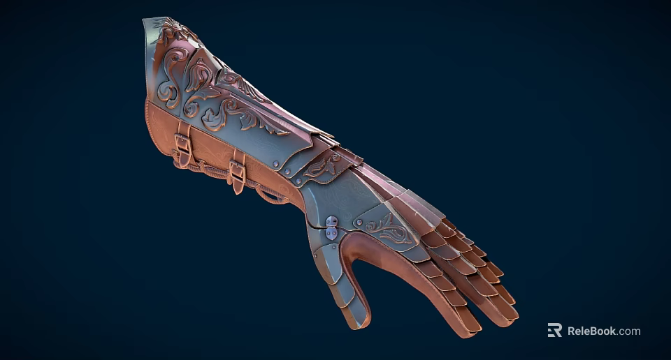 Decorative Leather Gauntlet With Intricate Carvings Metal Accents And Straps 3d model 