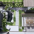 Courtyard Garden Design With Shaded Pergola Outdoor Dining Area Green Plants And Stone Pathway