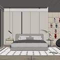 Modern Minimalist Bedroom Interior With Gray Bedding Bedside Table Hanging Lamp And Patterned Rug 3d model