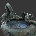 Decorative Garden Ornament Dragon Shaped Fountain With Bowl Shaped Basin And Moss Covered Stone Base