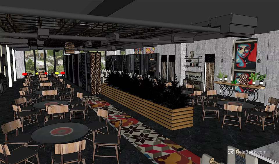 Hotpot Restaurant Interior Design With Wooden Tables Colorful Carpet And Indoor Plants 3d model 