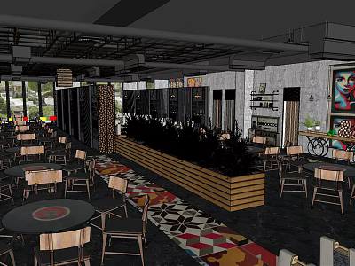 Hotpot Restaurant Interior Design With Wooden Tables Colorful Carpet And Indoor Plants 3d model