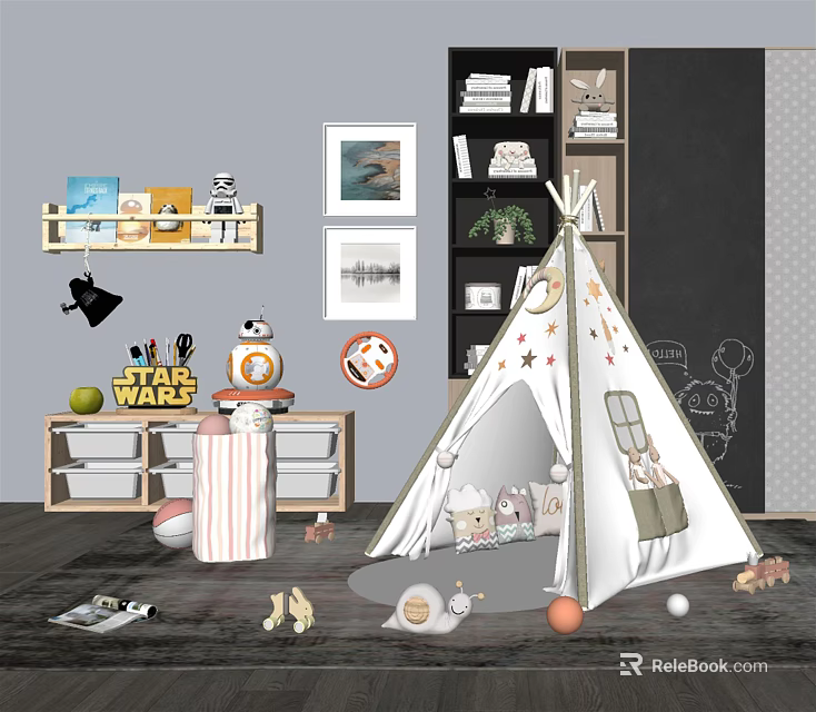 Kids Play Tent With Star Decorations And Stuffed Animals In Children's Room 3d model 