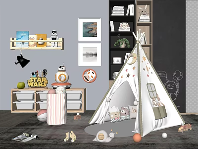 Kids Play Tent With Star Decorations And Stuffed Animals In Children's Room 3d model