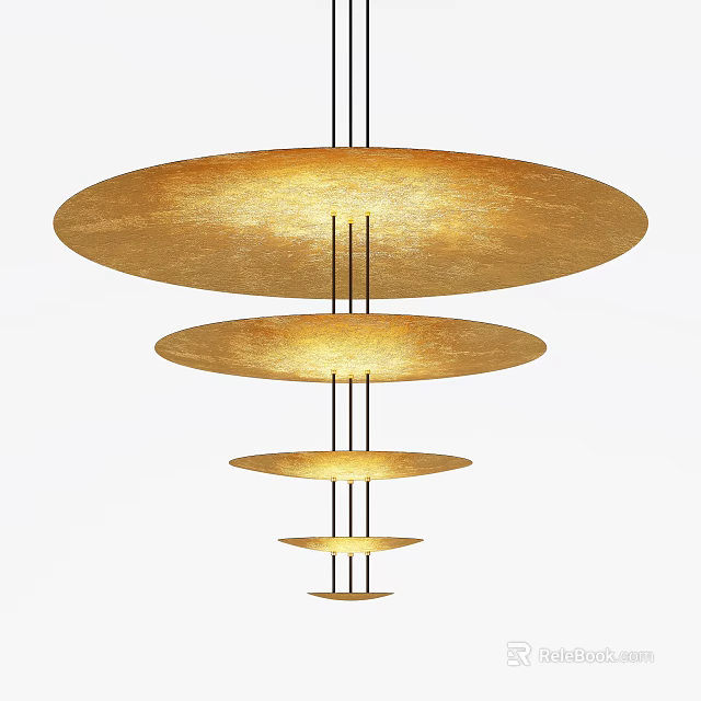 Modern Golden Multi Layered Chandelier With Circular Discs Suspended By Black Rods 3d model 