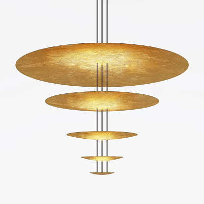 Modern Golden Multi Layered Chandelier With Circular Discs Suspended By Black Rods 3d model