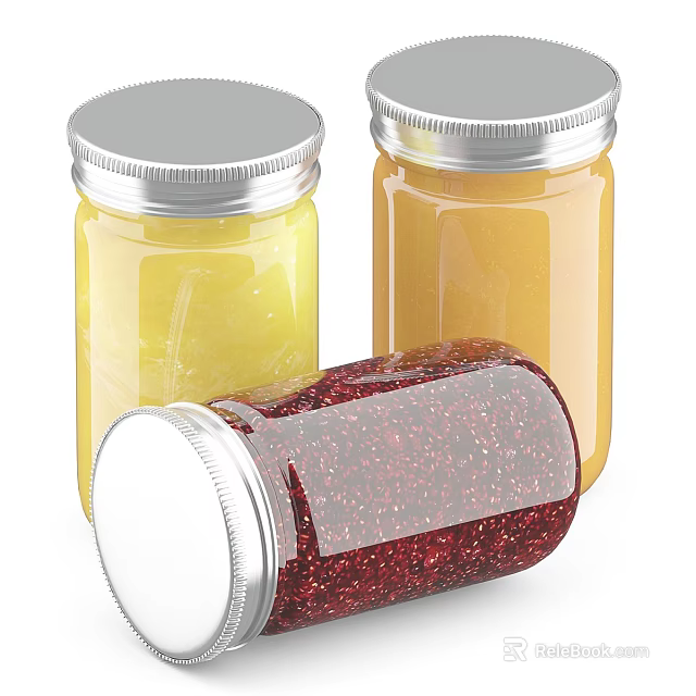 Colorful Fruit Jams And Preserves In Glass Jars With Silver Lids On 3d model 