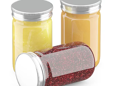 Colorful Fruit Jams And Preserves In Glass Jars With Silver Lids On 3d model