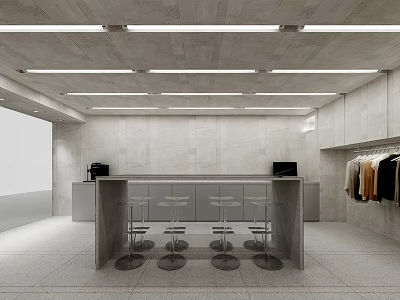 Modern Minimalist Space With Concrete Walls Linear Lights Bar Counter Stools And Clothing Rack 3d model