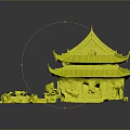 Traditional Chinese Architecture Model with Curved Eaves Black Tiles Red Pillars and Garden Surroundings