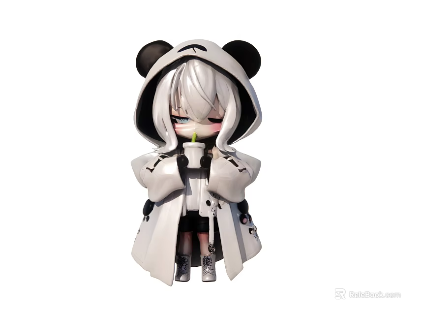 Cute Cartoon Character With Panda Hood White Hair And White Coat 3d model 