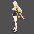 Silver Haired Woman In Yellow And Black Futuristic Outfit With Equipped Waist And Long Boots