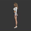 Woman in white crop top with long sleeves and plaid pleated skirt in strapped high heels