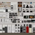 Household Appliances in Organized Wall Display with Various Kitchen Audio and Home Devices