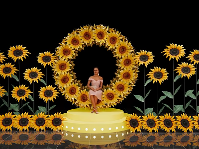 Floral Installation With Circular Sunflower Arrangement Platform And Woman In Pink Dress On Black Background 3d model