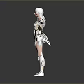 White Haired Female Character In Futuristic Mechanical Outfit With Outstretched Arms Standing On Gray Background