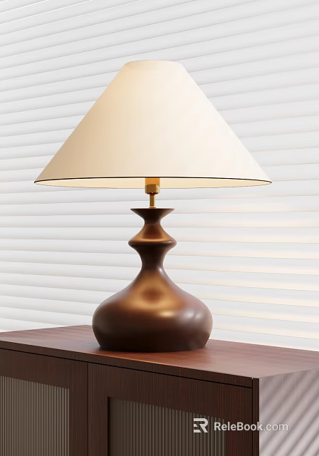 Elegant Table Lamp With Brown Base Cream Lampshade And Gold Fixture On Wooden Table 3d model 