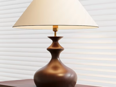 Elegant Table Lamp With Brown Base Cream Lampshade And Gold Fixture On Wooden Table 3d model