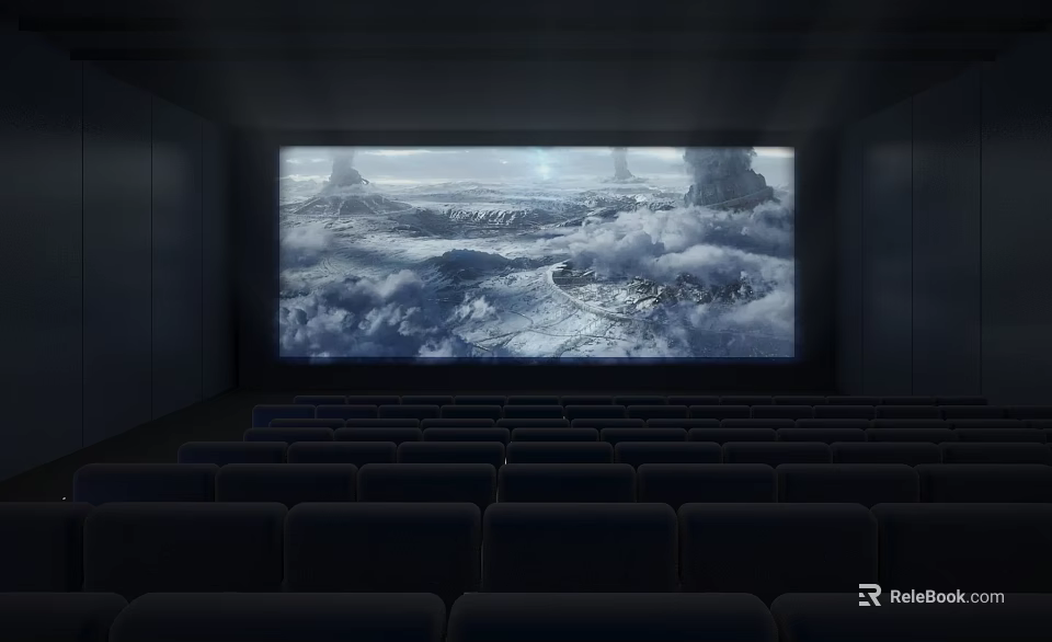 Movie Theater Interior With Large Screen Showing Landscape Movie With Clouds And Comfortable Seats 3d model 
