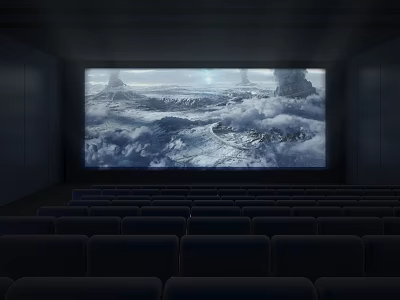 Movie Theater Interior With Large Screen Showing Landscape Movie With Clouds And Comfortable Seats 3d model