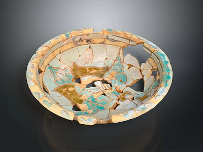 Broken Bowl Sculpture With Cracked Design And Beige Blue Brown Decorative Patterns 3d model