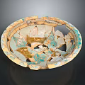 Broken Bowl Sculpture With Cracked Design And Beige Blue Brown Decorative Patterns