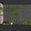 Tranquil Indoor Landscape With Gray Stone Wall Vertical Lights Green Plants Rocks And Round Lamp