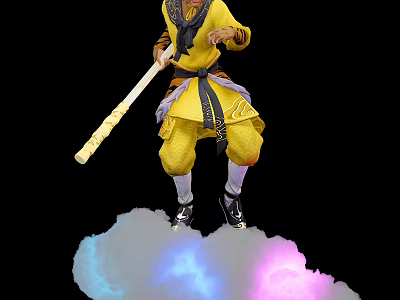 Mythical Warrior in Yellow Traditional Outfit holding a Long Staff standing on Colorful Fluffy Clouds 3d model