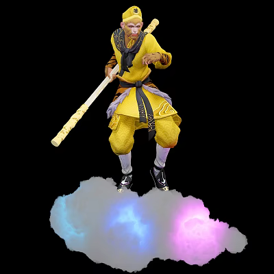 Mythical Warrior in Yellow Traditional Outfit holding a Long Staff standing on Colorful Fluffy Clouds 3d model