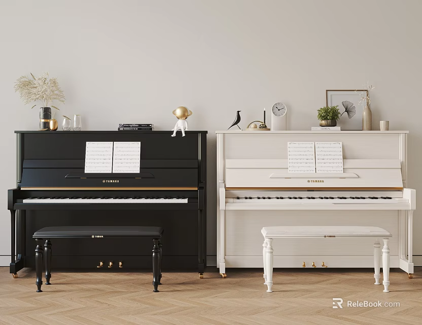 Elegant Musical Instruments And Art Supplies Display With Black White Pianos Benches And Music Sheets 3d model 