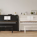 Elegant Musical Instruments And Art Supplies Display With Black White Pianos Benches And Music Sheets