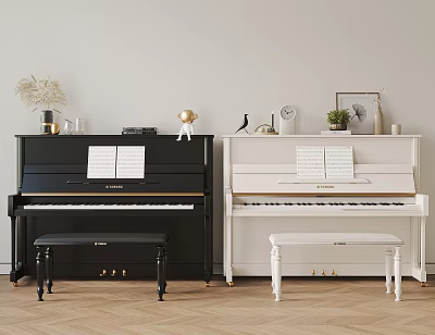 Elegant Musical Instruments And Art Supplies Display With Black White Pianos Benches And Music Sheets 3d model