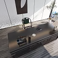 Modern Office Desk With Carved Details Table Lamp Decorations And Green Plant In Minimalist Interior