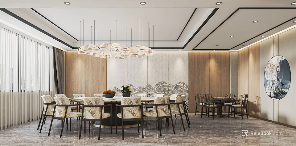 Elegant Modern Private Dining Room With Round Table Chairs Chandelier Wooden Walls And Landscape Artwork 3d model 