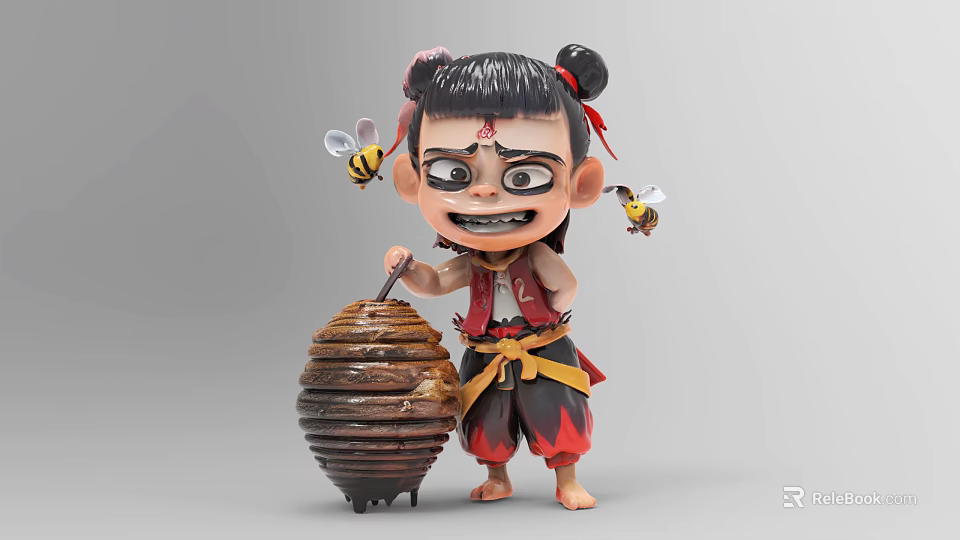 Animated Game Movie Character with Double Buns Red Facial Marks Holding Honeycomb Surrounded by Bees 3d model 