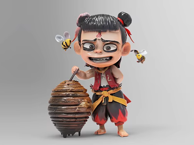 Animated Game Movie Character with Double Buns Red Facial Marks Holding Honeycomb Surrounded by Bees 3d model