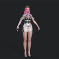 Woman with pink hair wearing crown and blue white dress featuring winged shoulders and gemstone