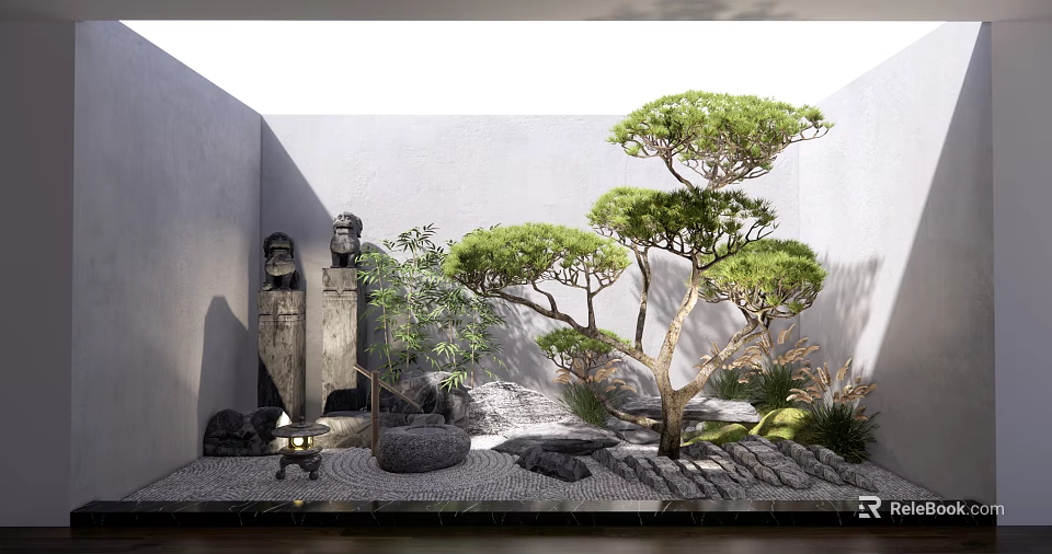 Zen Courtyard Garden Design With Stone Statues Pine Trees Stones And Sand 3d model 
